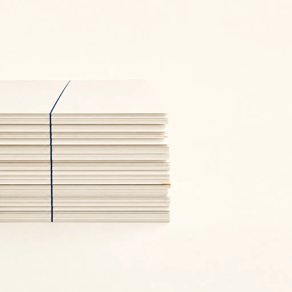 An abstract ivory composition of layered pages and a thin navy line