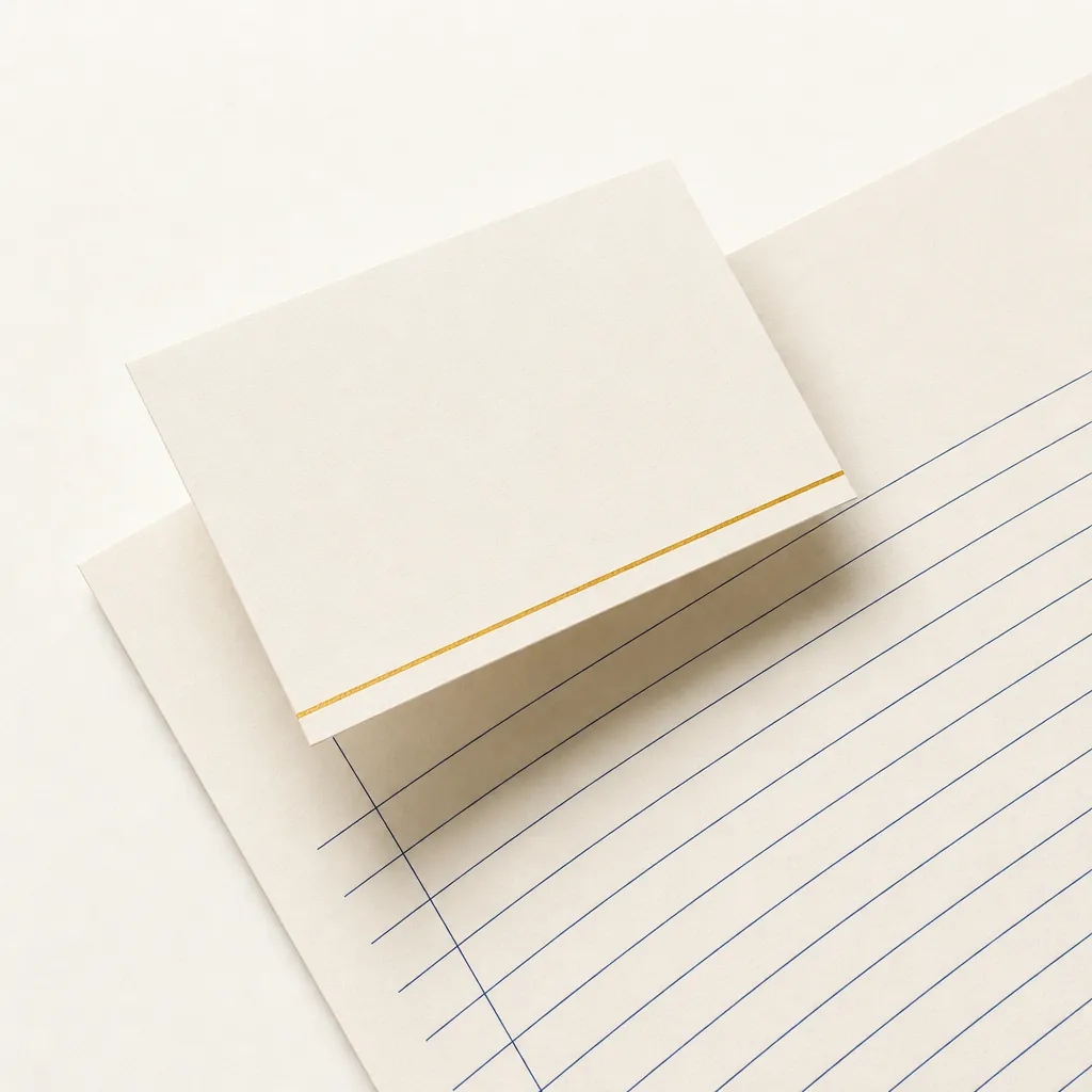 An abstract ivory composition of a card lifting away from a page with an amber rule