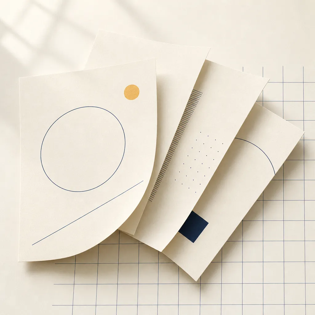 An abstract ivory composition of overlapping document pages with a faint navy grid